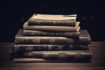 Old books on wooden table. Selective focus. Toned.の素材