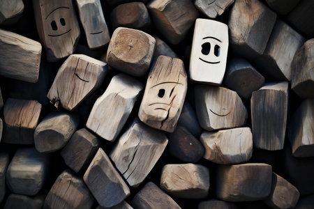 smiley faces on wooden background, close-up of wooden facesの素材