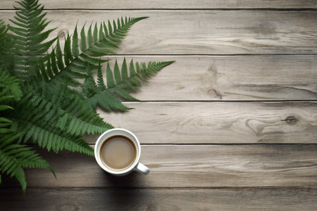 Cup of coffee and fern leaves on wooden background. Top viewの素材