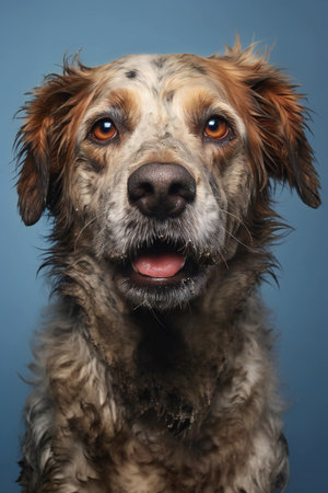 Studio portrait of an adorable mixed breed dog looking at the camera.の素材