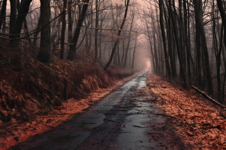 Autumn road in the forest with trees and fog on the groundの素材