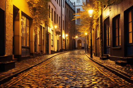 Old cobblestone street at night in Riga, Latvia.の素材