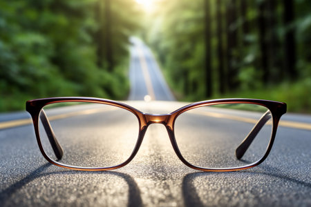 Eyeglasses on the road in the forest with sunlight background.の素材