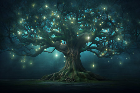 Magic old oak tree with glowing lights in the forest.の素材