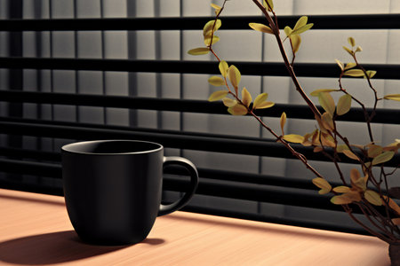 Black coffee cup on wooden table in front of window.の素材