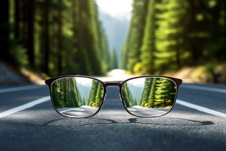Sunglasses on the road with coniferous forest background.の素材