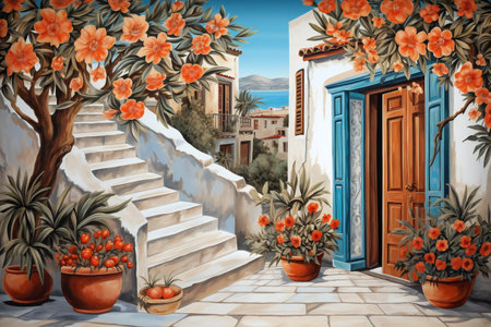 Alley with flowers and plants in a villa. Watercolor painting.の素材