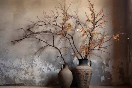 Vintage vase with dry branches on grunge wall background.の素材