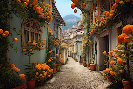 Street with flowers in the old town of Alsace, Franceの素材