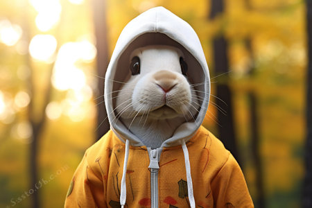 Cute rabbit in hoodie on blurred autumn background, closeupの素材