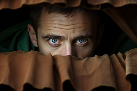 Close-up portrait of a young man looking through the window.の素材