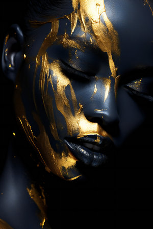 Close-up portrait of a beautiful woman with golden bodyart.の素材