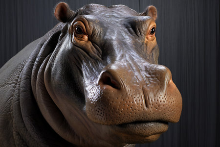Hippo head close-up on a dark background.の素材