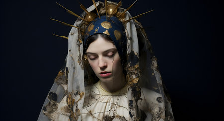 Portrait of a beautiful woman with a crown of gold on her headの素材