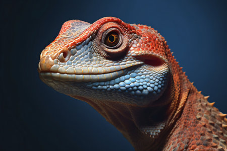 Portrait of a bearded dragon on a blue background, close-upの素材