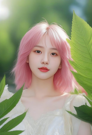 Portrait of beautiful asian woman with pink hair and green leavesの素材