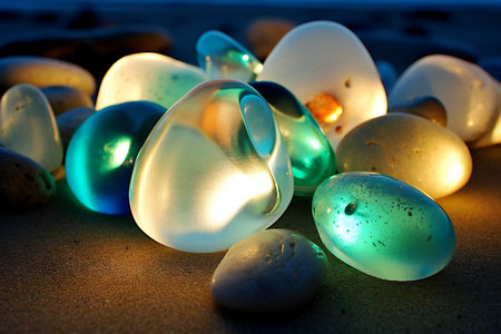 Colorful glass pebbles on the beach, close-upの素材