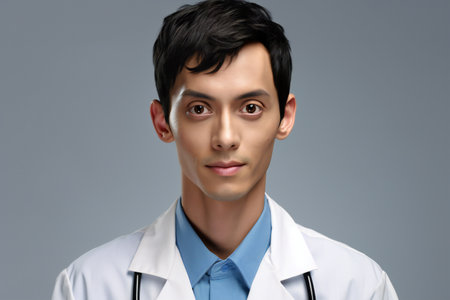 Portrait of young male doctor with stethoscope on grey backgroundの素材