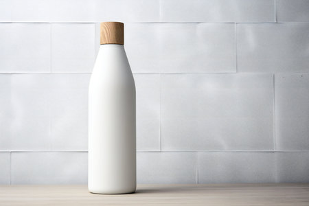 Blank white shampoo bottle mockup on wooden table and white brick wall backgroundの素材