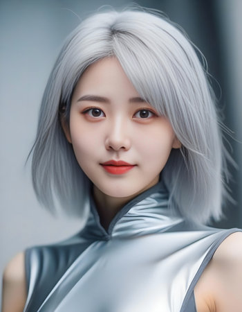 beautiful asian woman in silver dress with grey hair and red lipsの素材