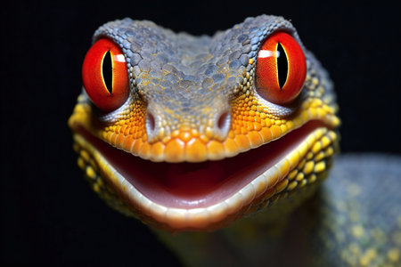 Close up of a gecko head with eyes and mouth wide openの素材
