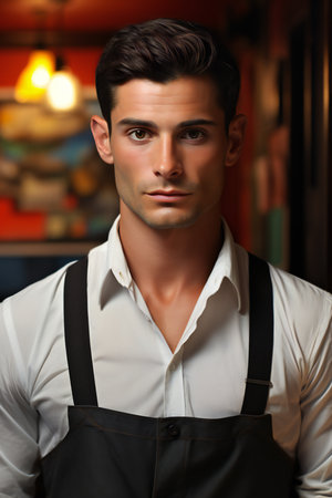 Portrait of a handsome young man wearing apron standing in cafe.の素材