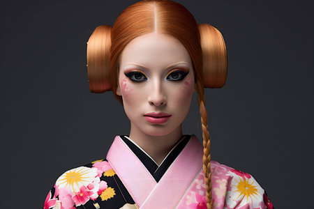 Portrait of a Japanese geisha in kimono on black backgroundの素材