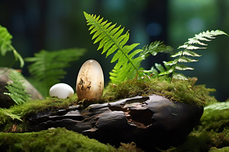 Eggs and fern on a stone in the forest.の素材