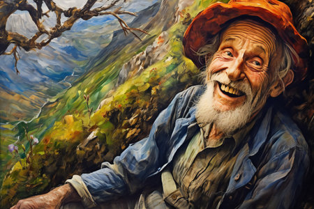 Portrait of an old man in a hat on a background of mountainsの素材