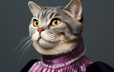 Studio portrait of a scottish fold cat wearing a purple dressの素材