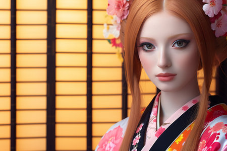 beautiful geisha doll in kimono with sakura flowersの素材