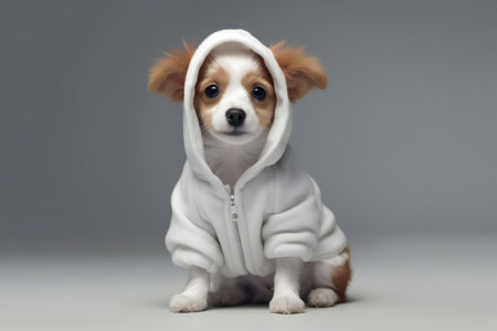 Cute puppy in a hood on a gray background. Studio shot.の素材