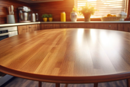 Empty wooden table in modern kitchen interior, blurred background. Mock upの素材