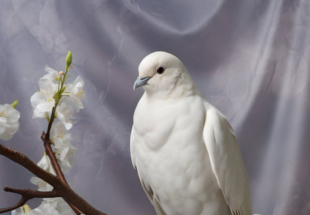 White dove on a branch of a blossoming tree on a gray backgroundの素材