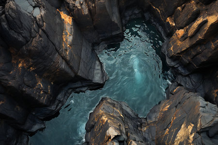 Aerial view of turquoise water flowing through the rocks.の素材