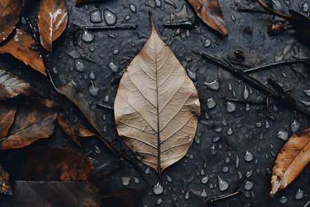 Dry leaves on the floor with water drops. Natural background.の素材