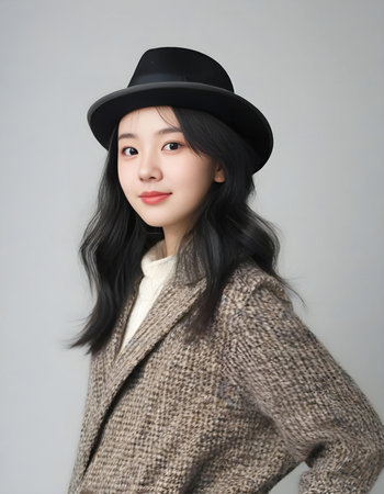 Portrait of a beautiful young asian woman wearing hat and coatの素材