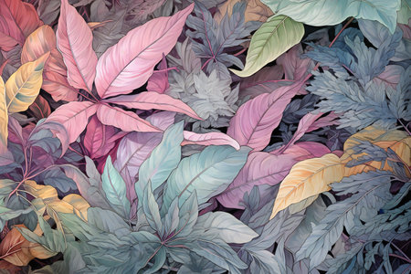 Colorful tropical leaves background. Exotic foliage pattern. Hand drawn illustration.の素材