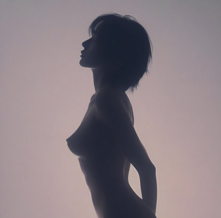 silhouette of a beautiful nude woman on a gray background.の素材