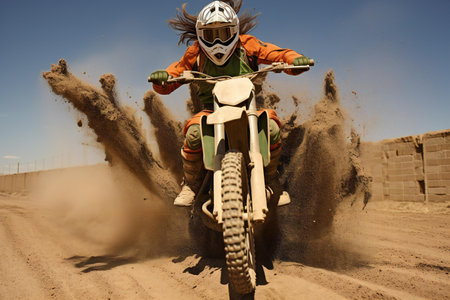 Motocross rider on the track. Extreme motorcycle race in desert.の素材