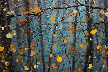 Autumn forest with yellow birch leaves on a blue background.の素材