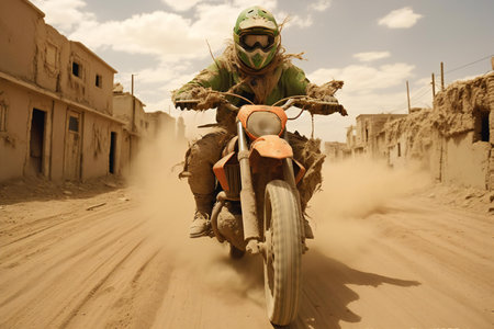 Motocross rider on the road in the desert of Morocco.の素材