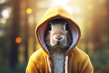 Rabbit in the hood of a yellow jacket on the background of the forestの素材