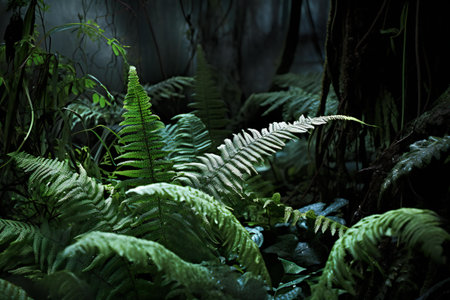 Tropical rainforest with ferns and moss in dark toneの素材
