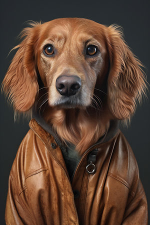 Studio portrait of a long haired Dachshund in a leather jacket.の素材