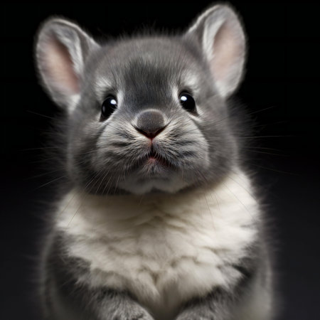 Close-up portrait of a cute chinchilla isolated on black backgroundの素材