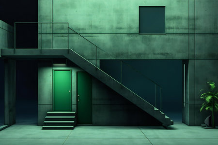 Conceptual image of a green door and stairs in a modern buildingの素材