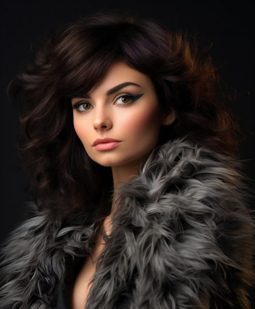 Beautiful young woman in a fur coat on a black background.の素材
