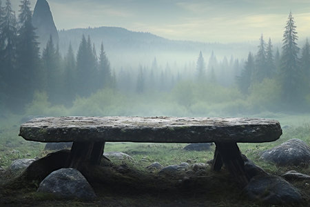 Wooden bench in the misty forest.の素材