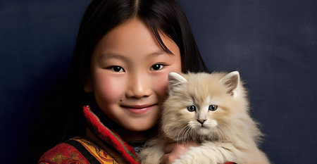 Portrait of a cute little asian girl holding a persian catの素材